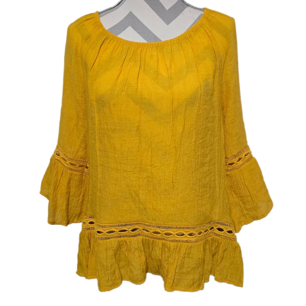 ​Zac & Rachel Mustard Yellow Boho Bell Sleeve Blouse Crochet Lace Trim Medium - Picture 6 of 13